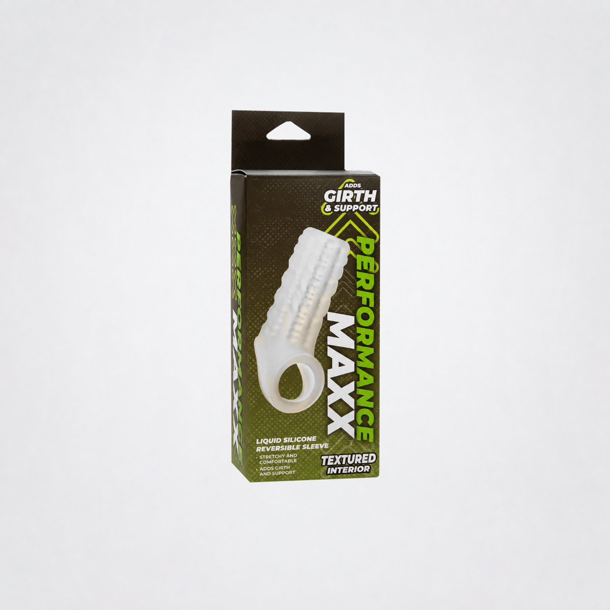 Performance Maxx reversible silicone sleeve retail package, enlarged on The Luv Coach neutral studio background