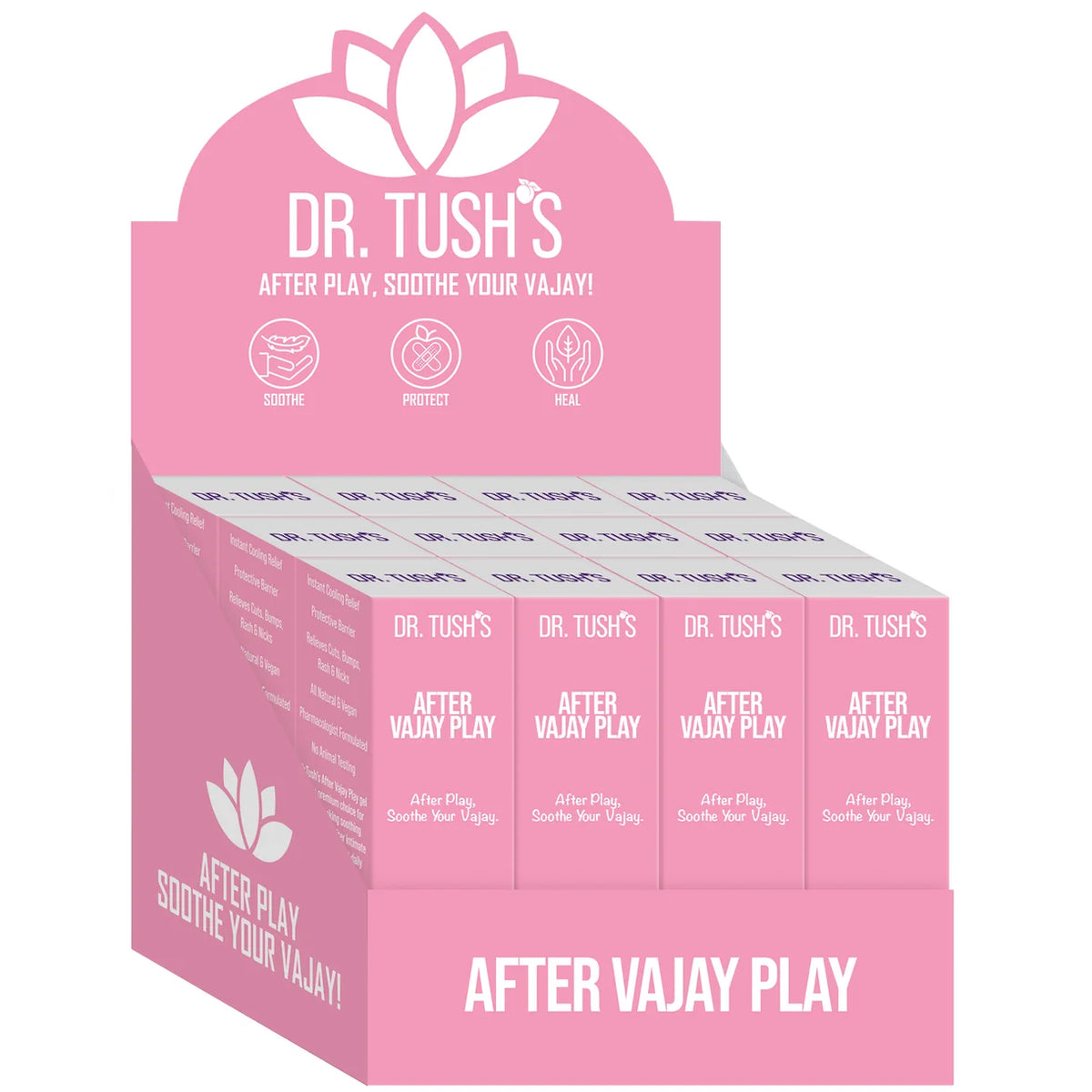 Dr. Tush After Vajay Play retail display box with individual product packages