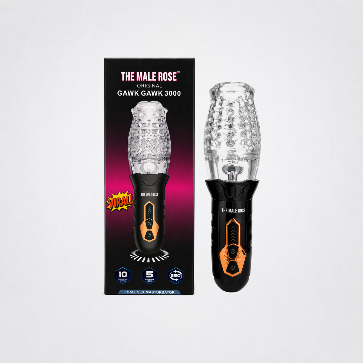 The Male Rose Gawk Gawk 3000 with retail box on a neutral grey studio background