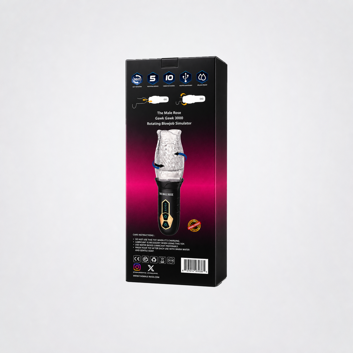 Back of The Male Rose Gawk Gawk 3000 retail box on a neutral grey studio background