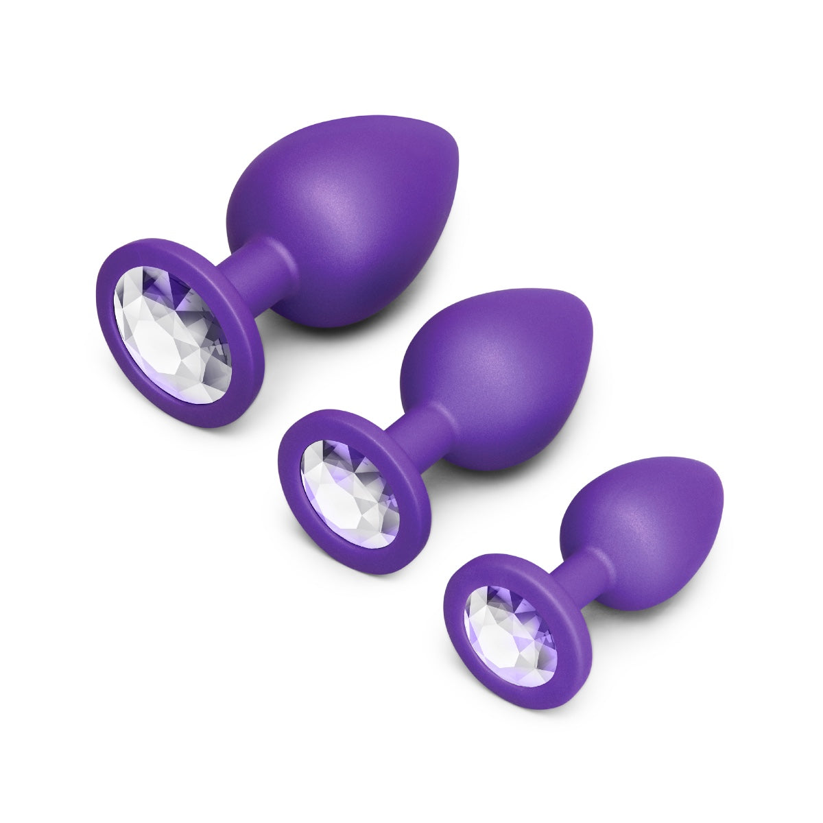 b-Vibe Jeweled Butties Bundle | Purple: Three purple Jeweled Butties plugs with jeweled bases