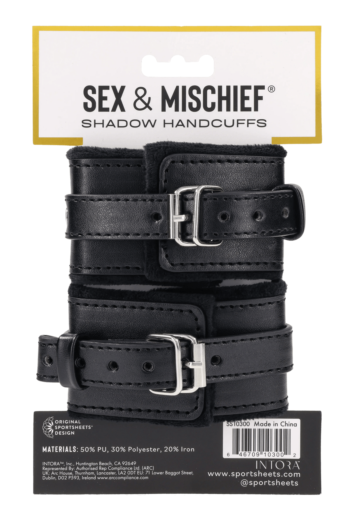 Sportsheets Shadow Handcuffs: Back of retail packaging and material list
