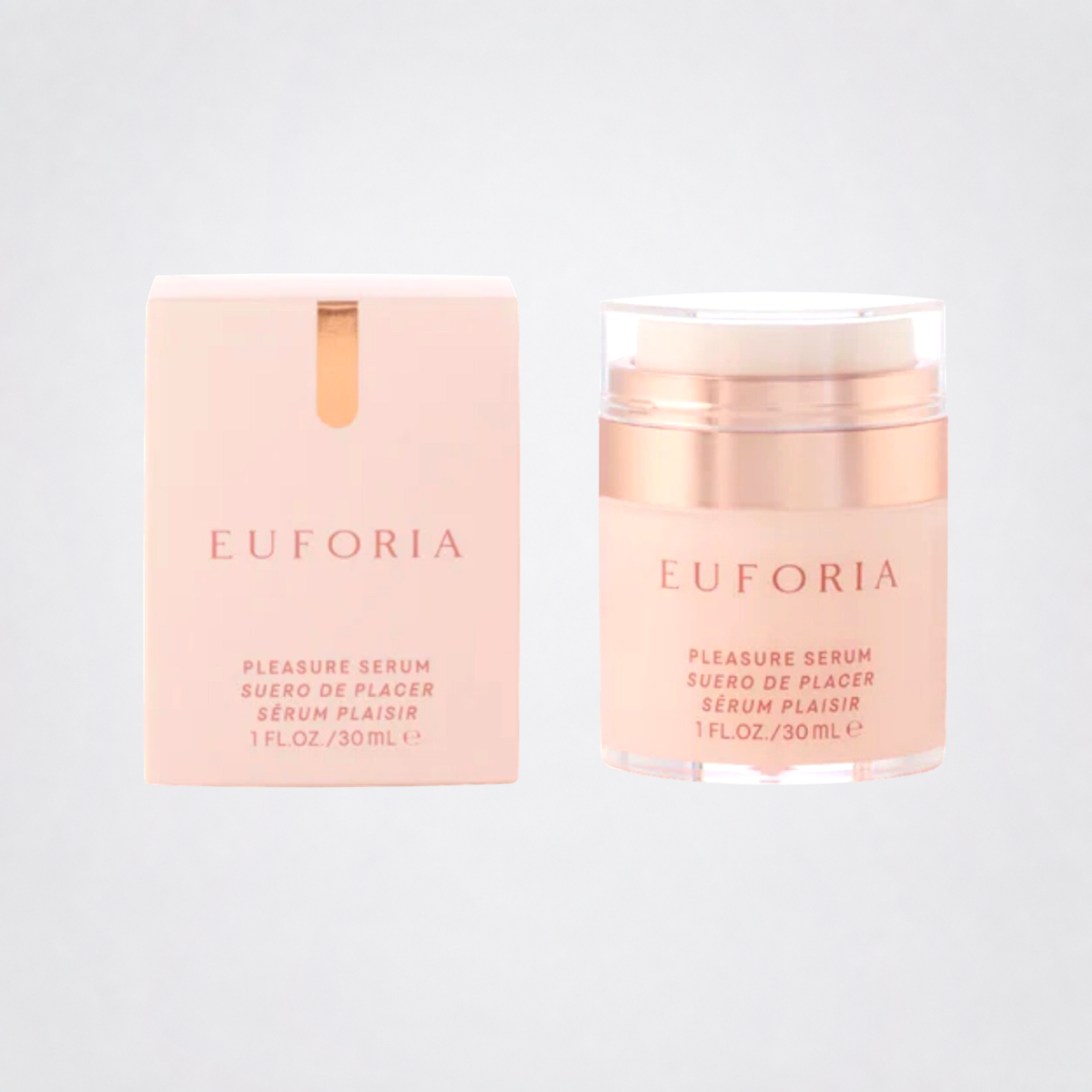 Euforia Pleasure Serum jar with its box on grey studio background