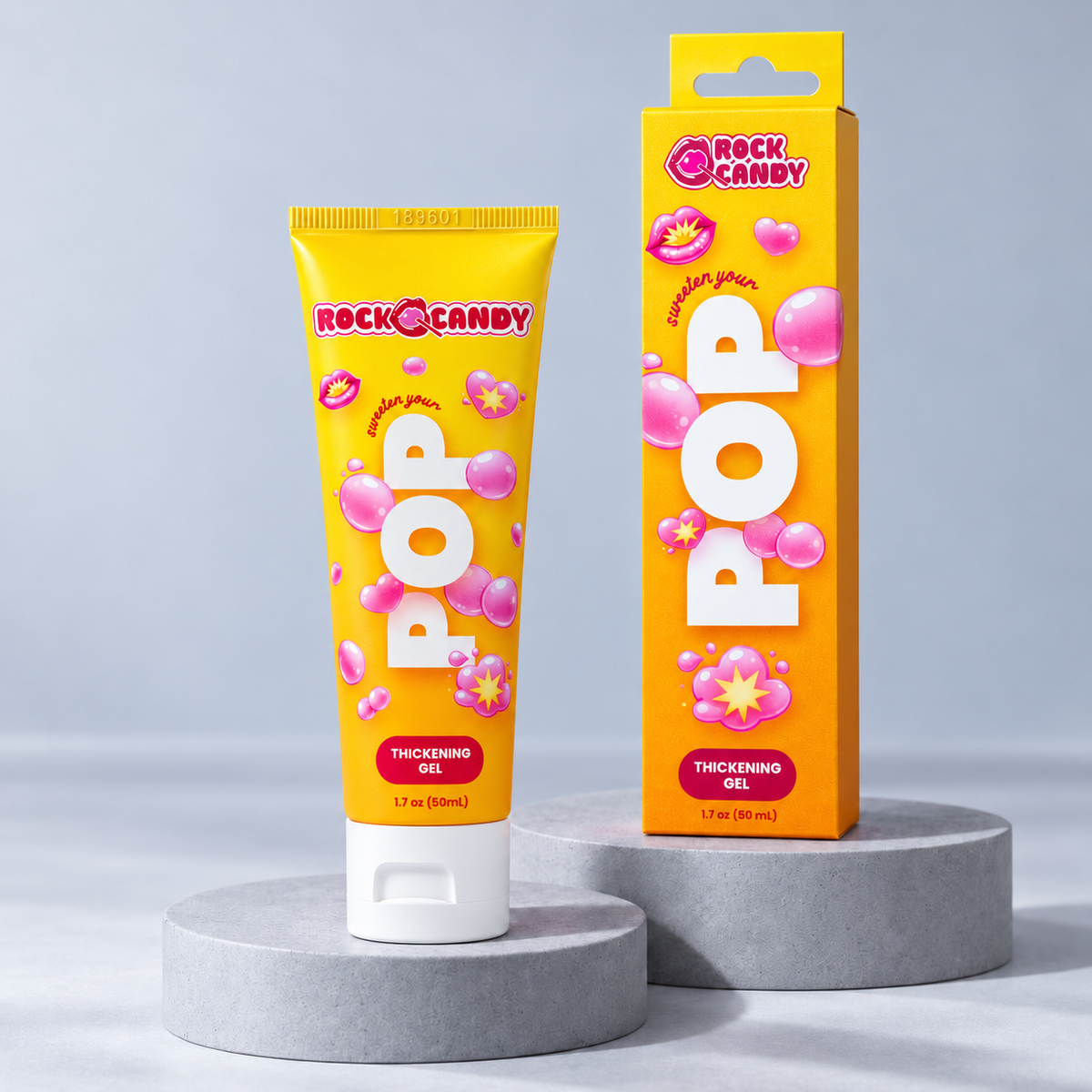 Rock Candy POP Thickening Gel tube and matching carton on grey display platforms
