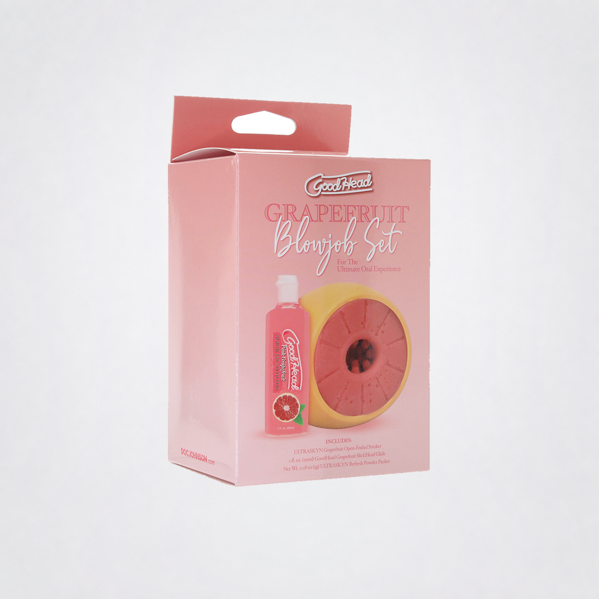 GoodHead Grapefruit Blowjob Set retail box on the Luv Coach neutral gray studio background