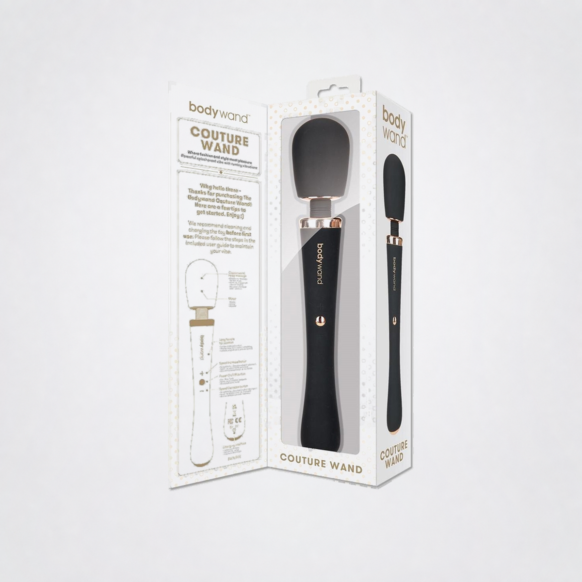 Lux Couture Wand open package and instruction panel on the Luv Coach grey studio background