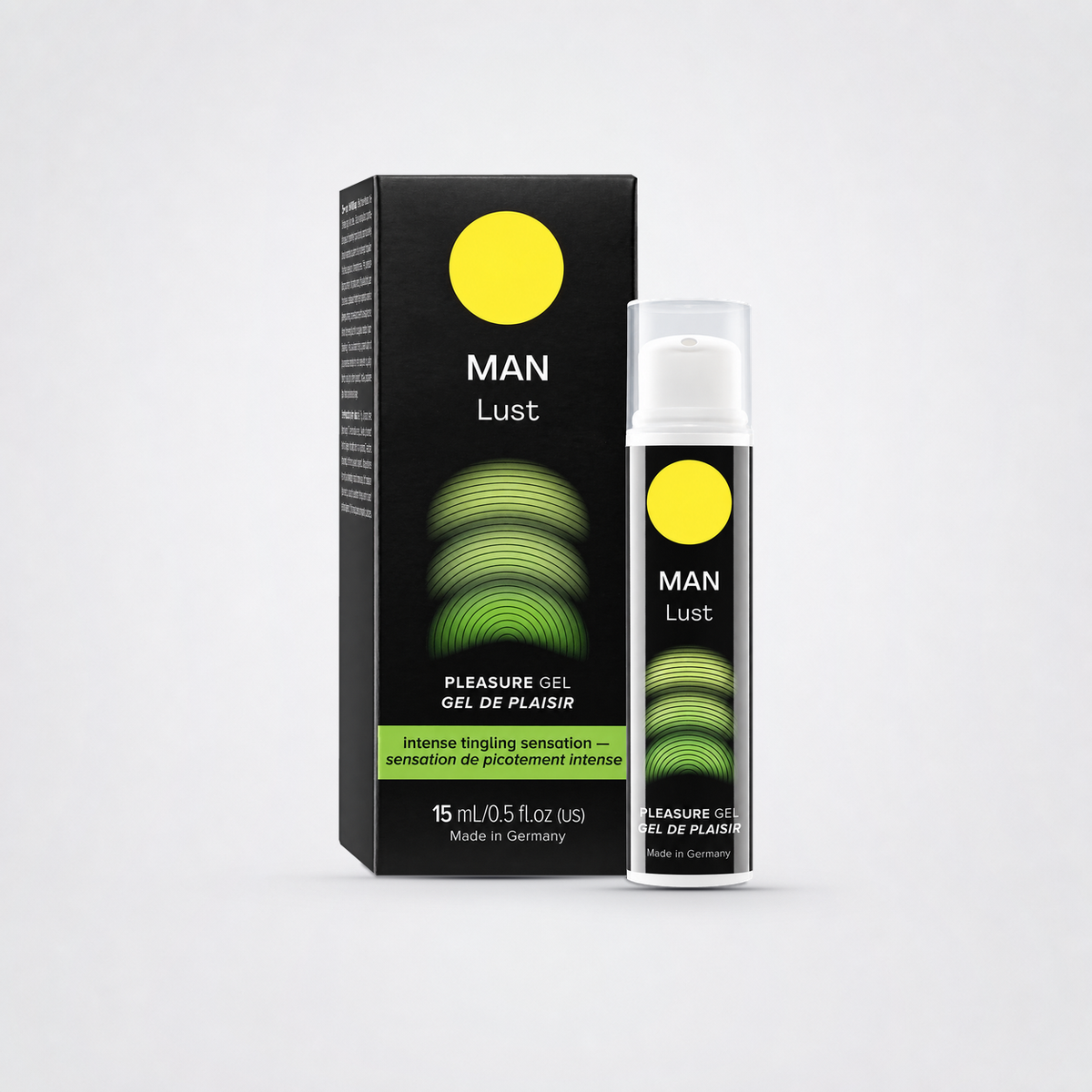 MAN Lust pleasure gel bottle and box on gray background