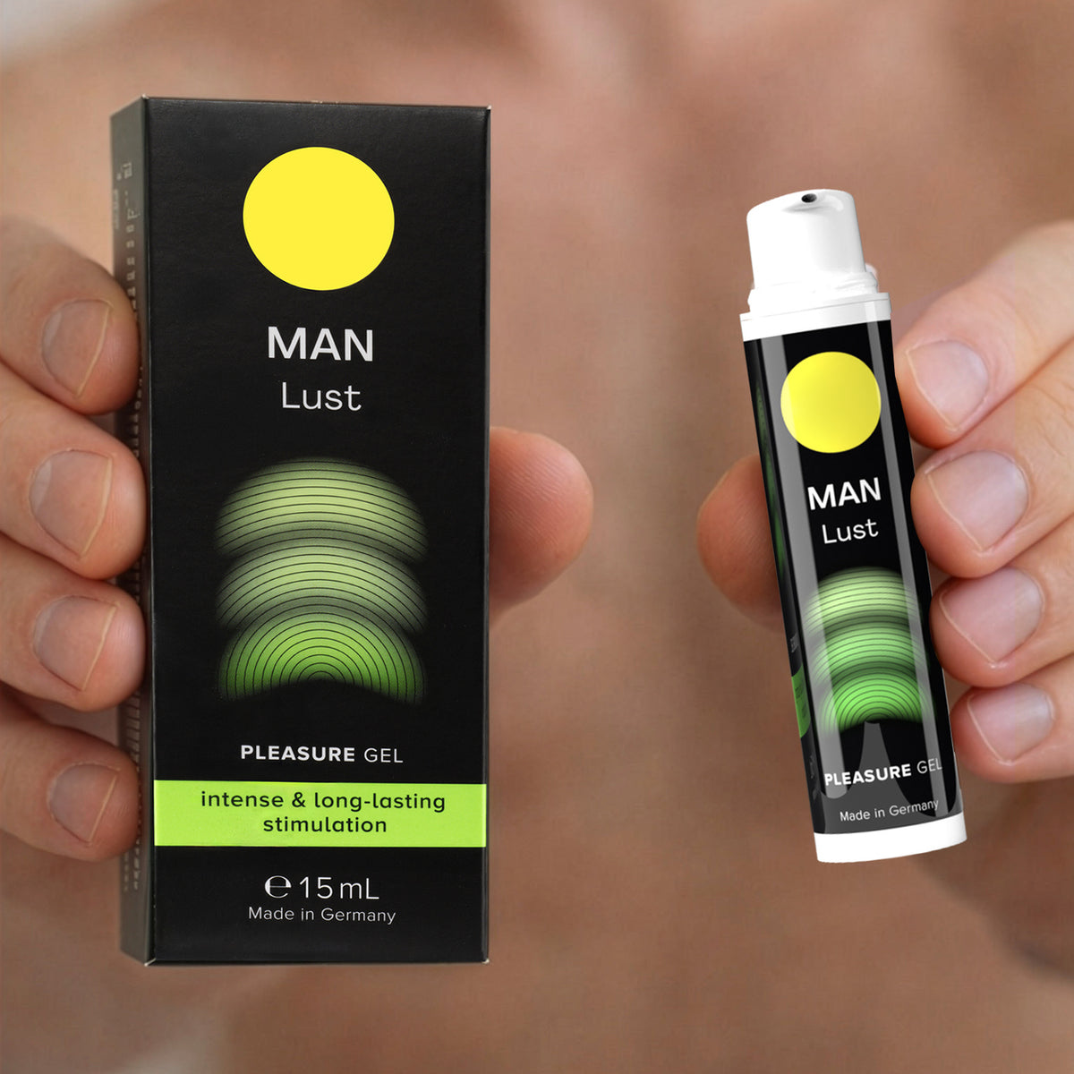 MAN Lust pleasure gel bottle and box held in hands