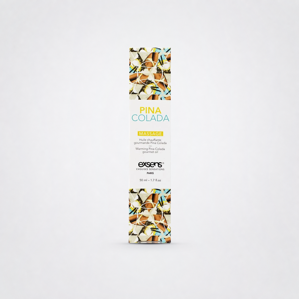 Piña Colada | Exsens warming lickable massage oil box on The Luv Coach neutral studio background