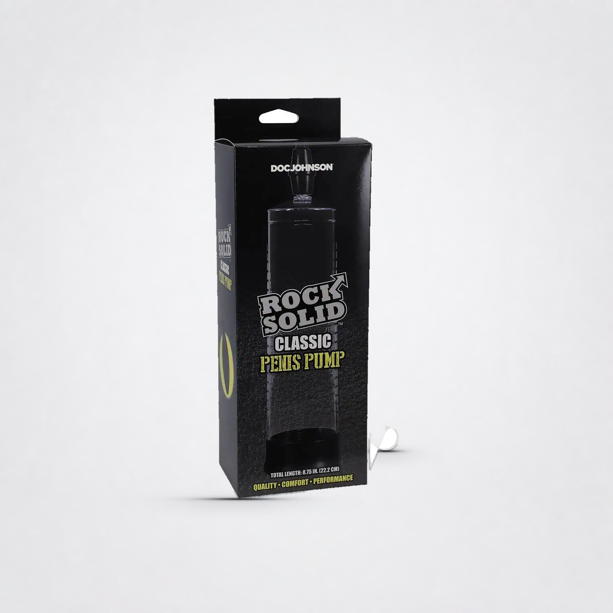 Rock Solid Classic Penis Pump retail package on the Luv Coach grey studio background