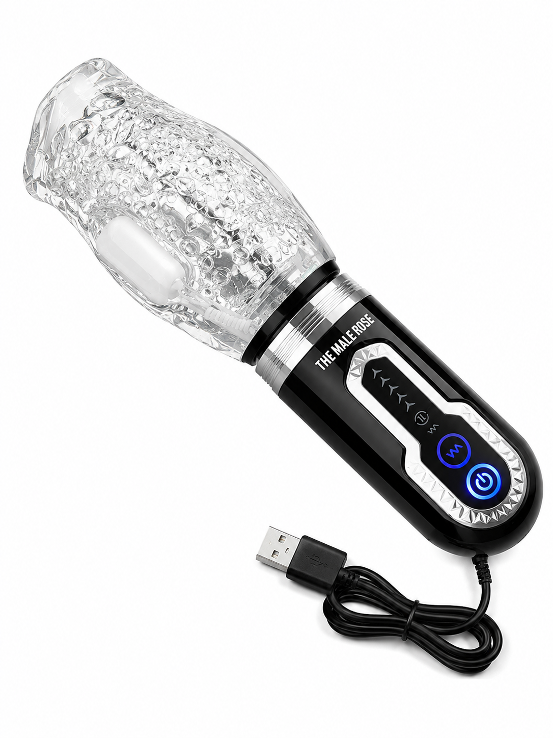 Male Rose 3 rechargeable stroker with its USB charging cable