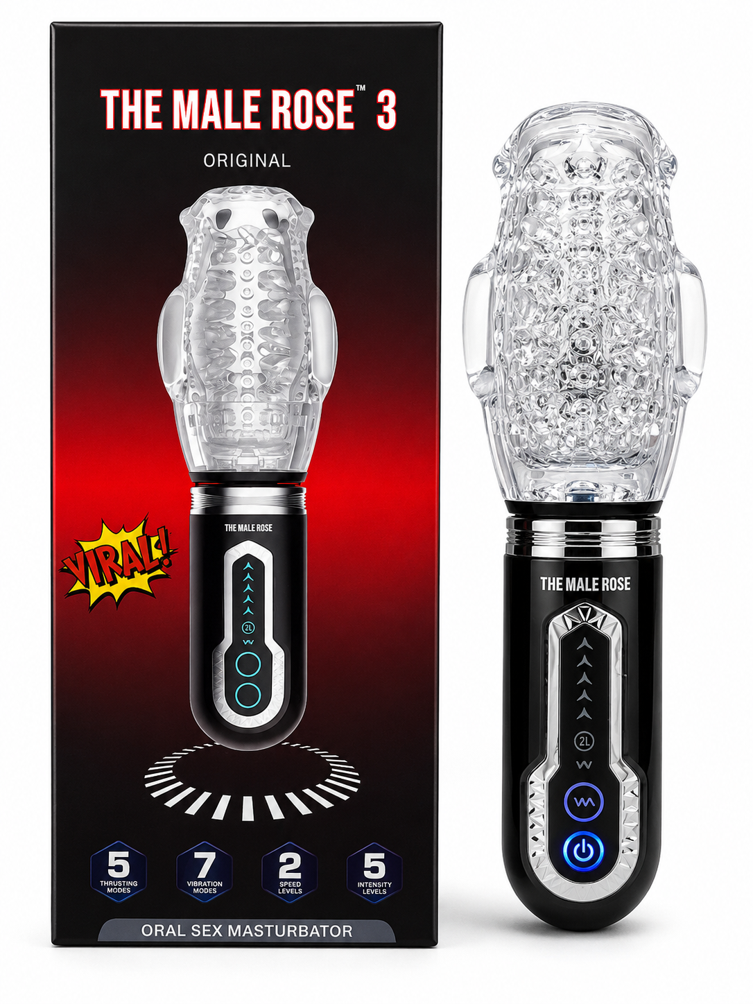 Male Rose 3 rechargeable stroker beside its retail package
