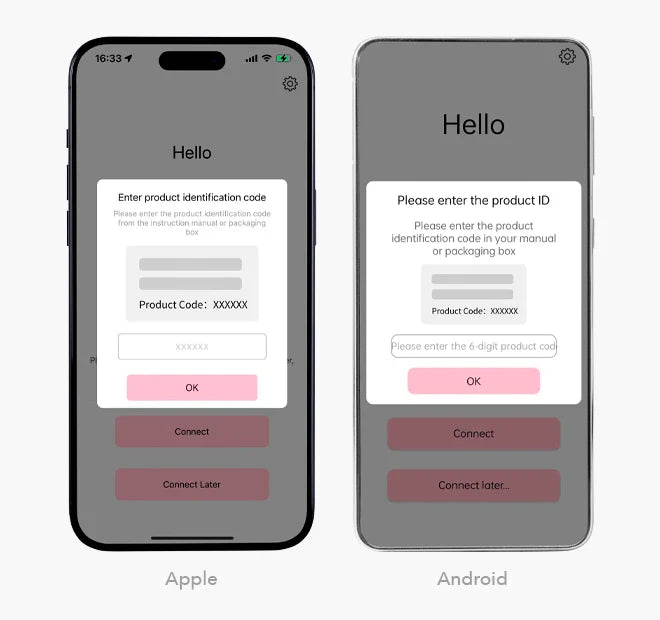 Product code entry screens in the iToys app on Apple and Android phones