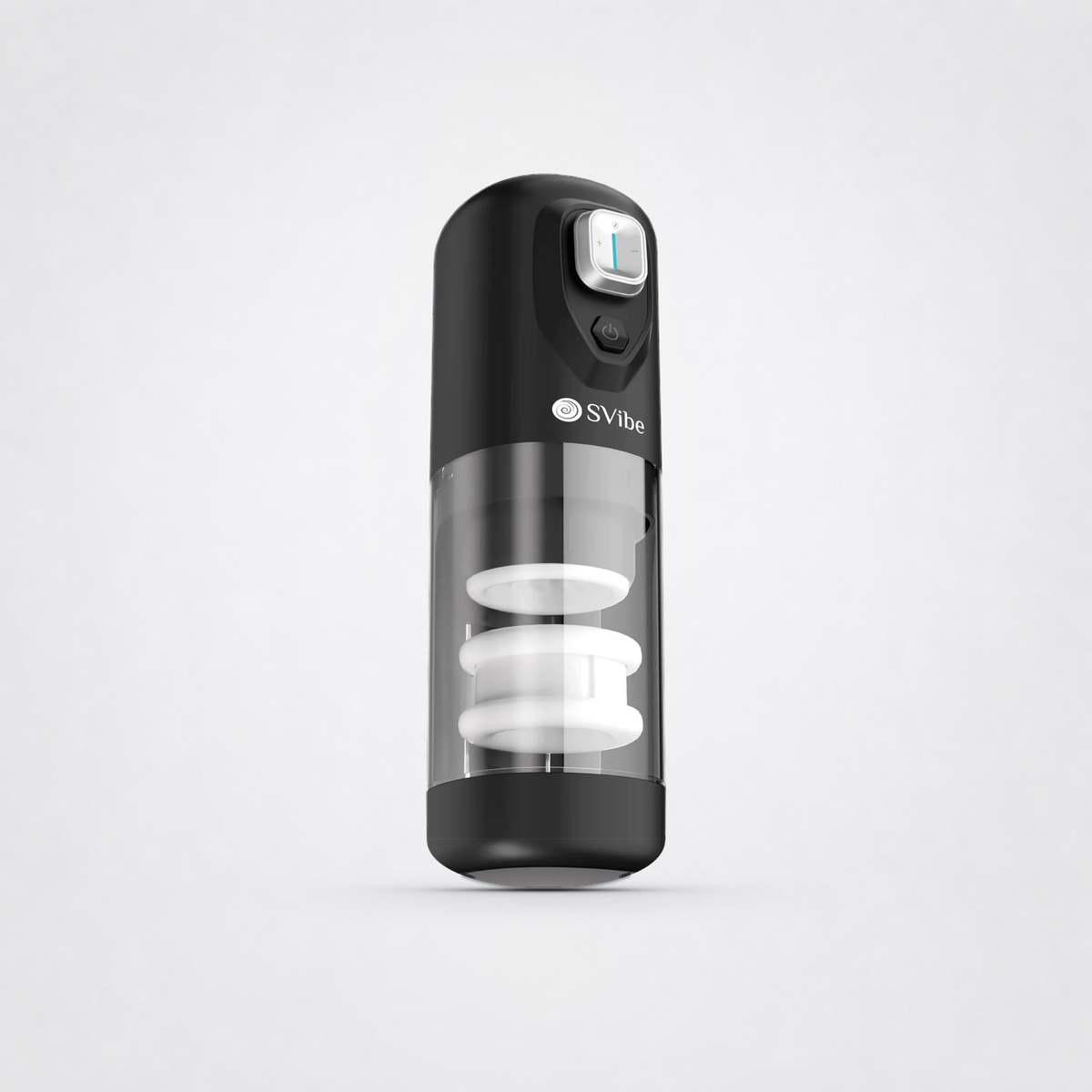 Front view of the SVibe Spark rotating and thrusting massager on The Luv Coach grey studio background
