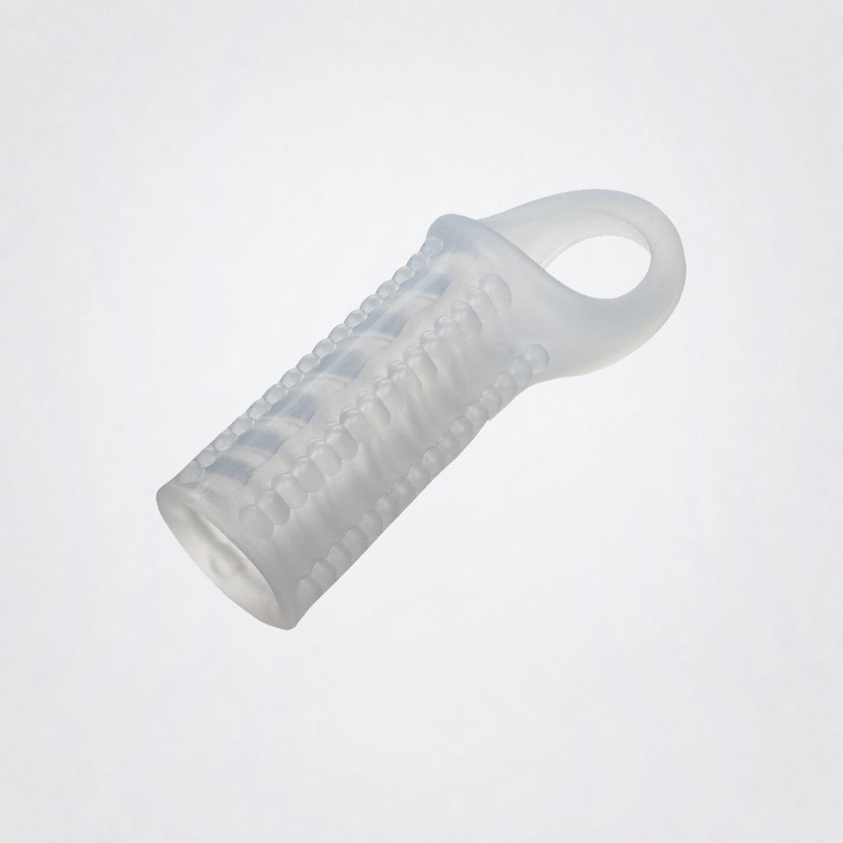 Angled view of the clear textured silicone extender sleeve and support ring