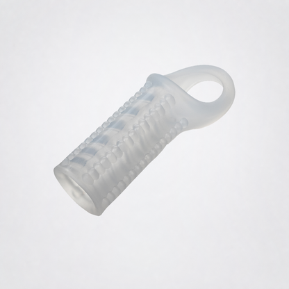 Angled view of the clear textured silicone extender sleeve and support ring