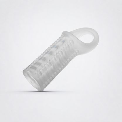 Angled view of the clear textured silicone extender sleeve and support ring