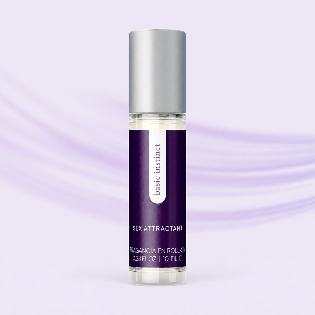 Basic Instinct roll-on bottle on a lavender wave background