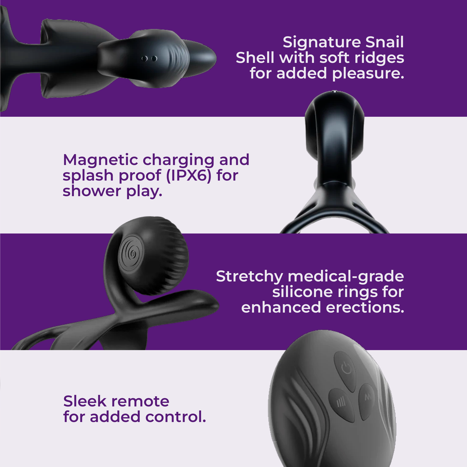 Snail Jovi feature overview showing textured shell, magnetic charging, silicone rings, and remote