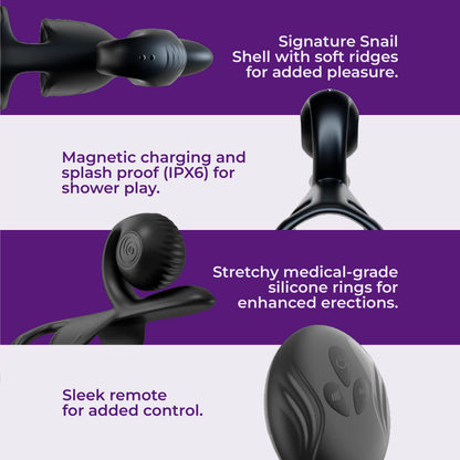 Snail Jovi feature overview showing textured shell, magnetic charging, silicone rings, and remote
