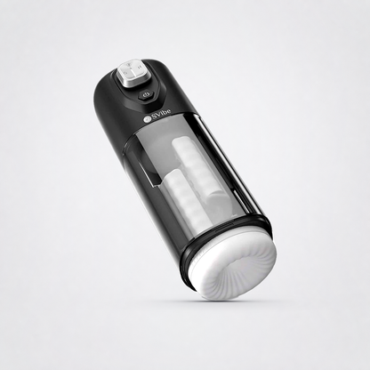 Angled view of the SVibe VOLT showing the ultra-soft opening and transparent multi-motion chamber on a grey studio background