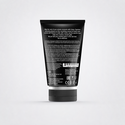 Back label and directions for Wicked Crème stroking and massage cream on The Luv Coach neutral studio background