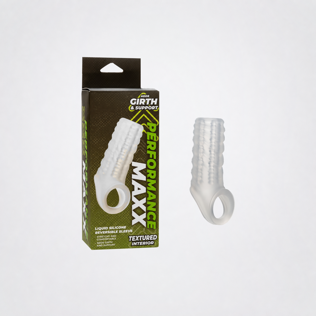 Performance Maxx reversible silicone sleeve with retail package, enlarged on The Luv Coach neutral studio background