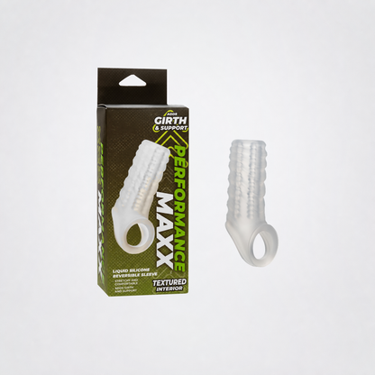 Performance Maxx reversible silicone sleeve with retail package, enlarged on The Luv Coach neutral studio background