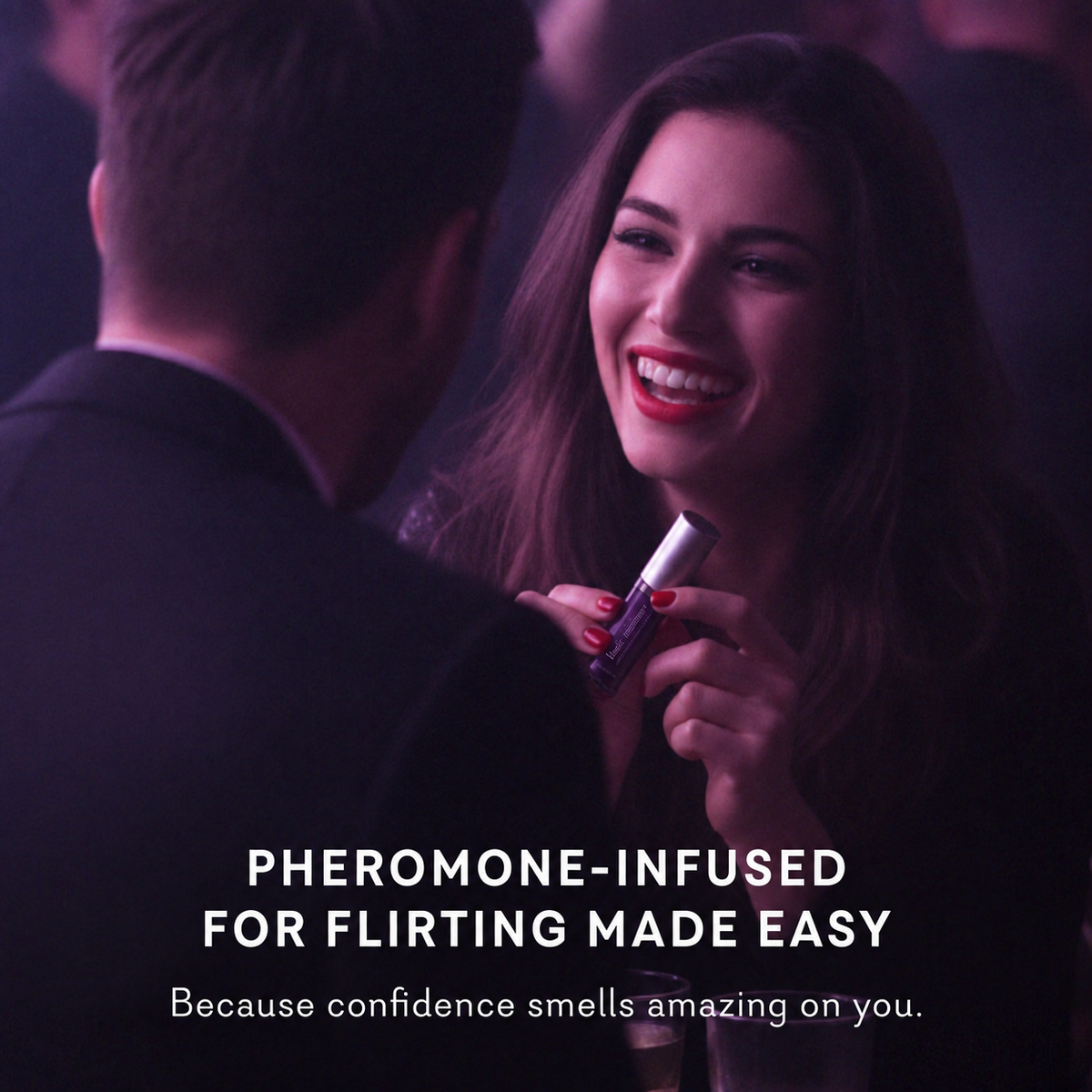 Couple flirting with Basic Instinct roll-on pheromone perfume