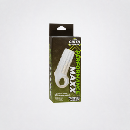 Performance Maxx reversible silicone sleeve retail package, enlarged on The Luv Coach neutral studio background