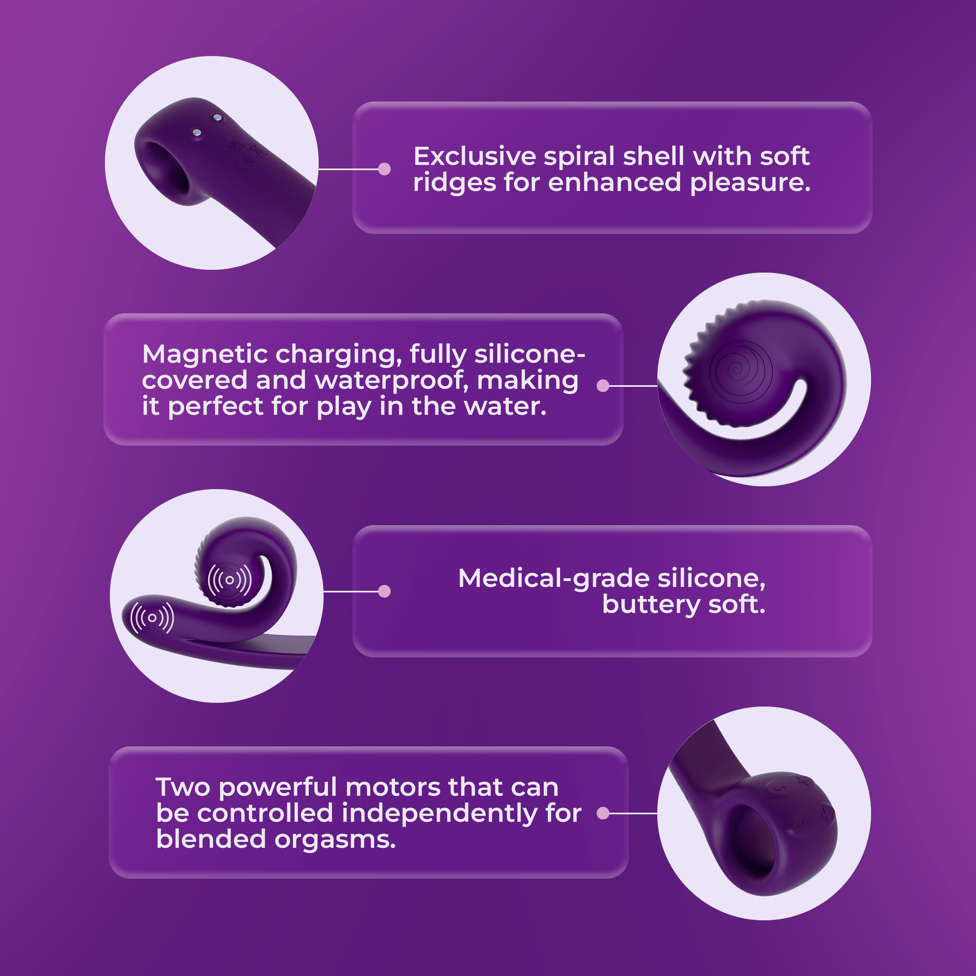 Snail Curve feature overview showing its spiral shell, silicone body, magnetic charging, and dual motors