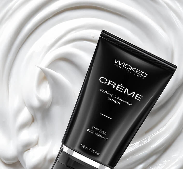 Wicked Crème tube displayed on a cream-texture background