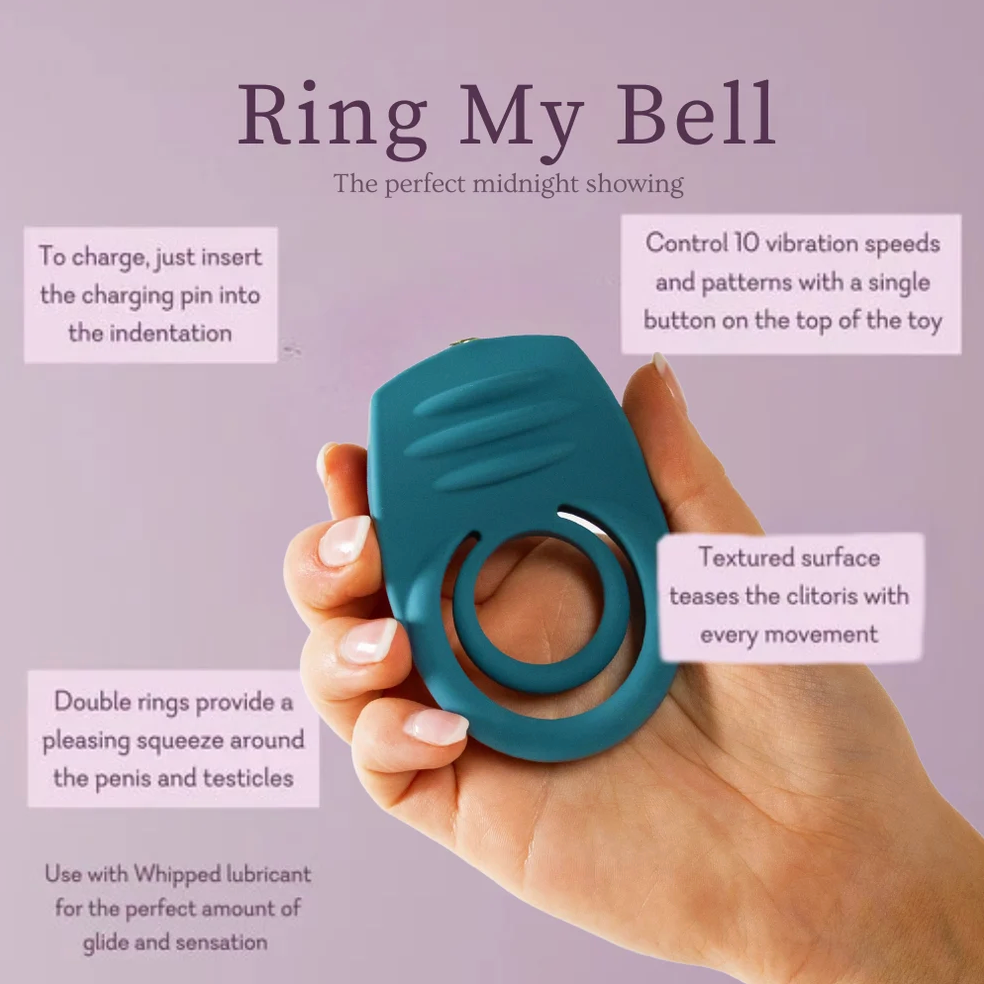 Ring My Bell charging, controls, textured surface, dual ring fit, and lubricant guidance