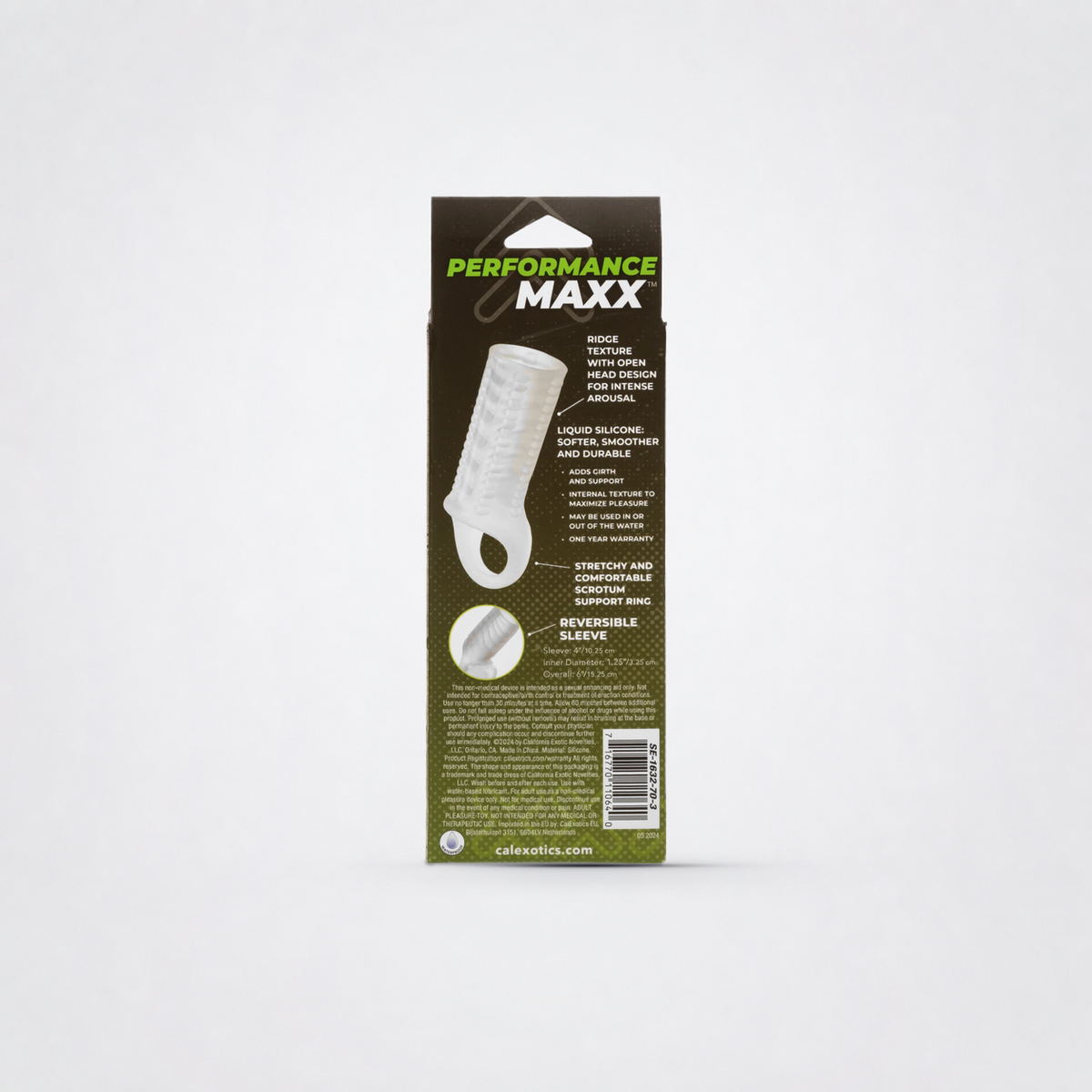 Enlarged back of Performance Maxx sleeve package with product features and safety information