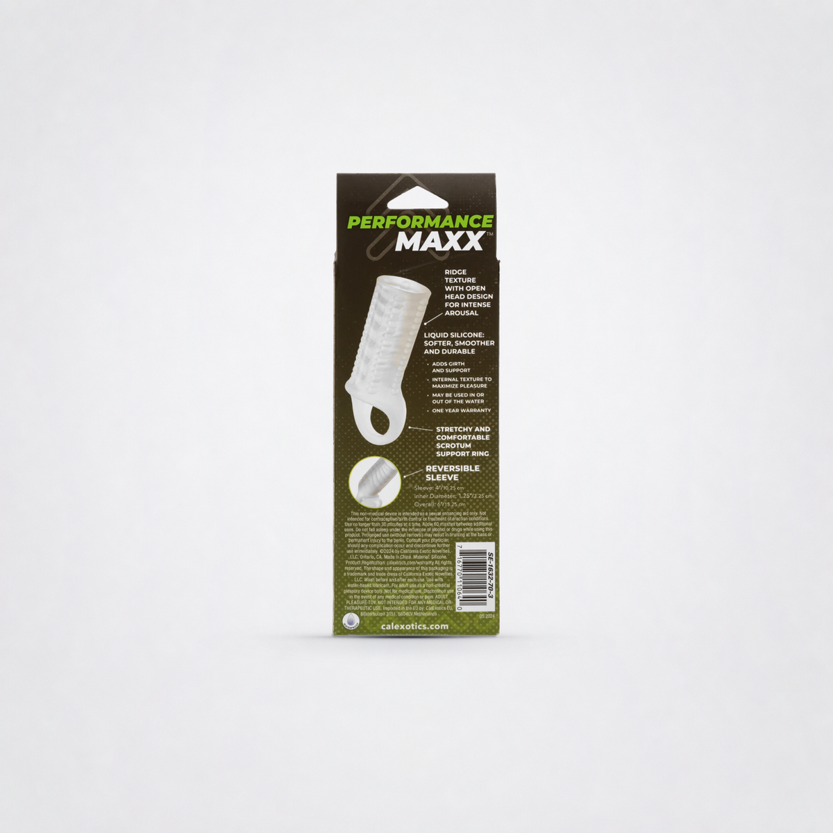 Back of Performance Maxx sleeve package with product features and safety information