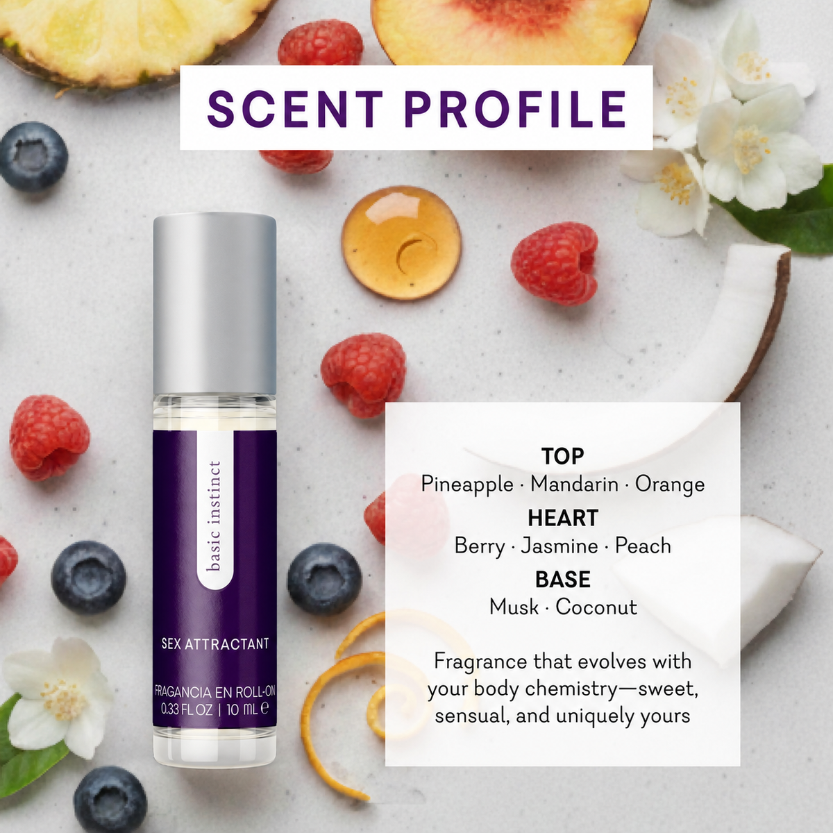 Basic Instinct scent profile with fruit, floral, musk, and coconut notes