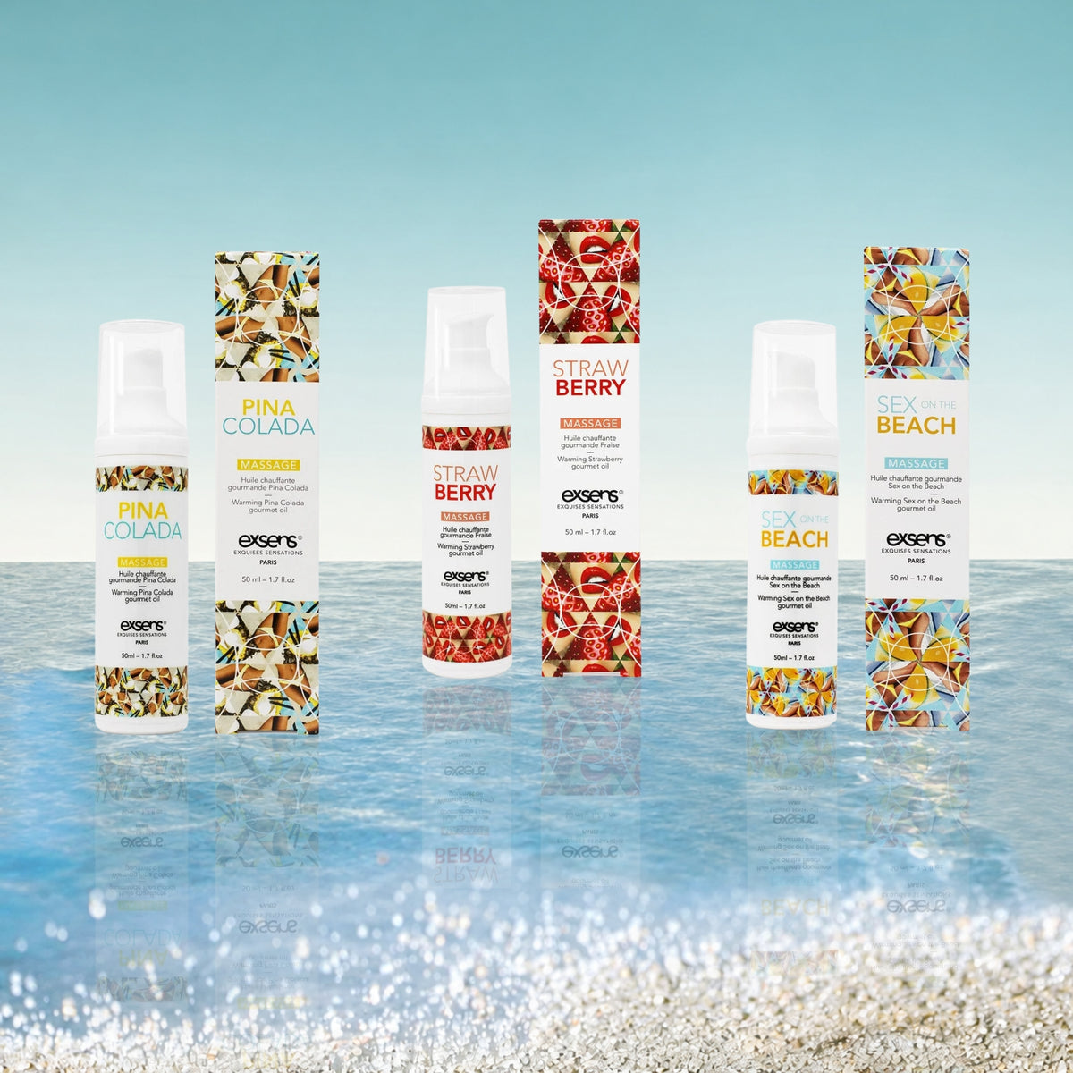 All flavours | Exsens warming lickable massage oils in Piña Colada, Strawberry, and Sex on the Beach