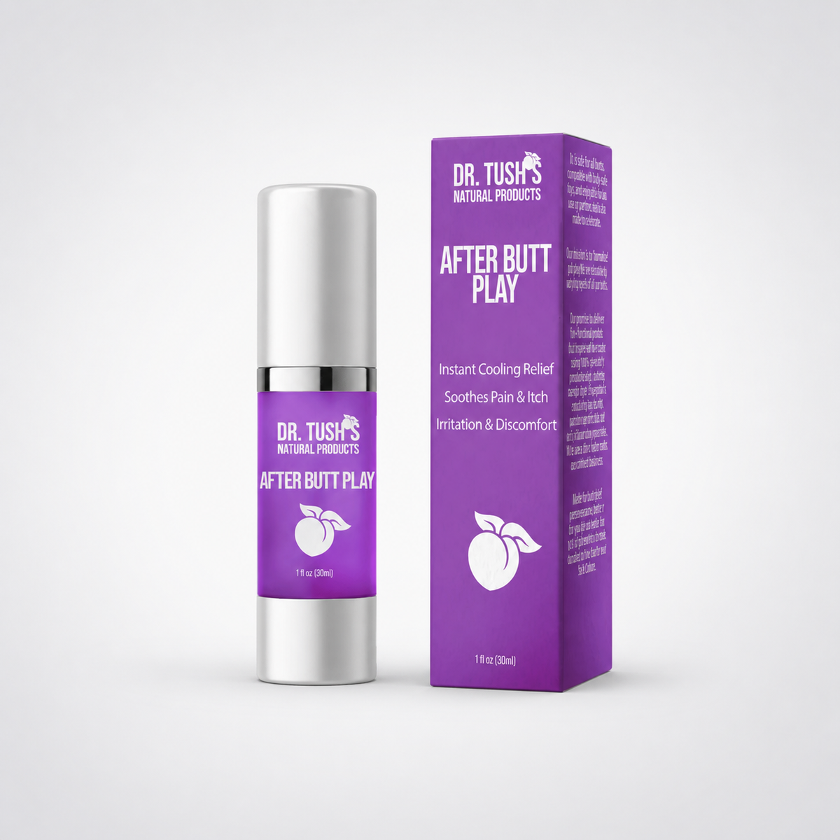 Dr. Tush After Butt Play capped bottle and box on a neutral grey studio background