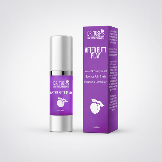 Dr. Tush After Butt Play capped bottle and box on a neutral grey studio background