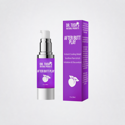 Dr. Tush After Butt Play pump bottle and box on a neutral grey studio background without shadows