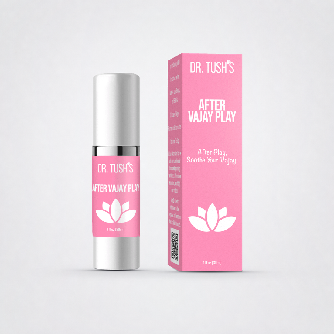 Dr. Tush After Vajay Play capped bottle and box on The Luv Coach neutral grey studio background