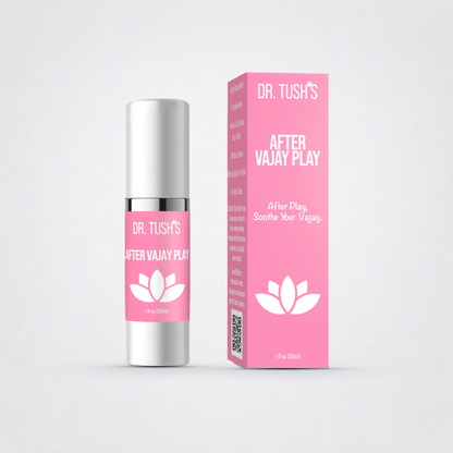 Dr. Tush After Vajay Play capped bottle and box on The Luv Coach neutral grey studio background