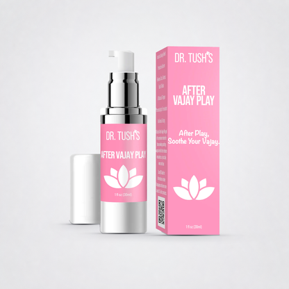 Dr. Tush After Vajay Play pump bottle, cap, and box on The Luv Coach neutral grey studio background
