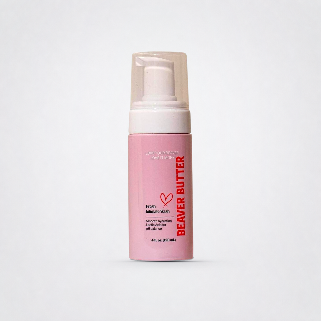 Beaver Butter Fresh Intimate Wash bottle on the Luv Coach neutral gray studio background