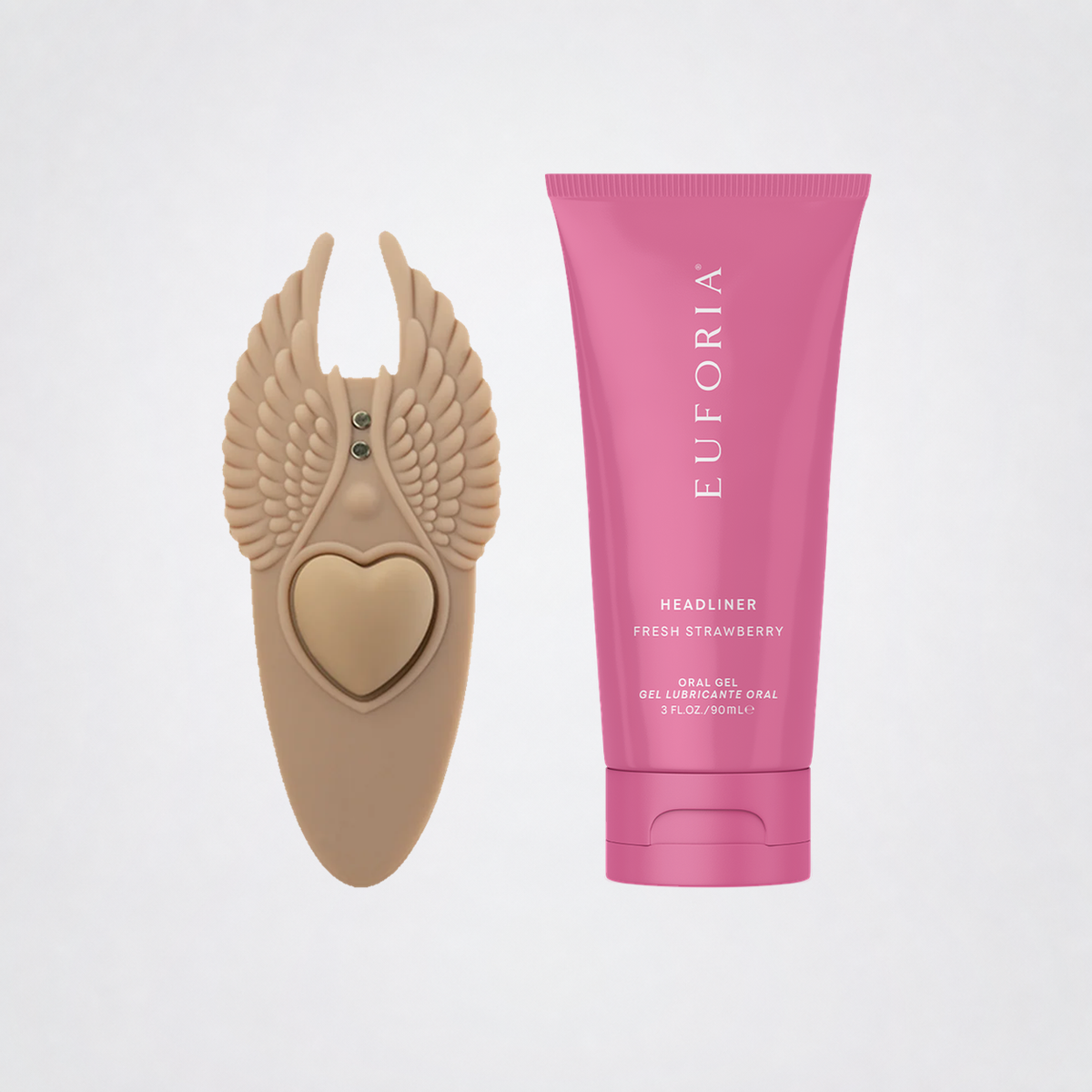 Undercover Lover app-enabled massager and Euforia Headliner Fresh Strawberry gel on The Luv Coach neutral studio background