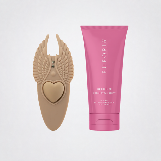 Undercover Lover app-enabled massager and Euforia Headliner Fresh Strawberry gel on The Luv Coach neutral studio background