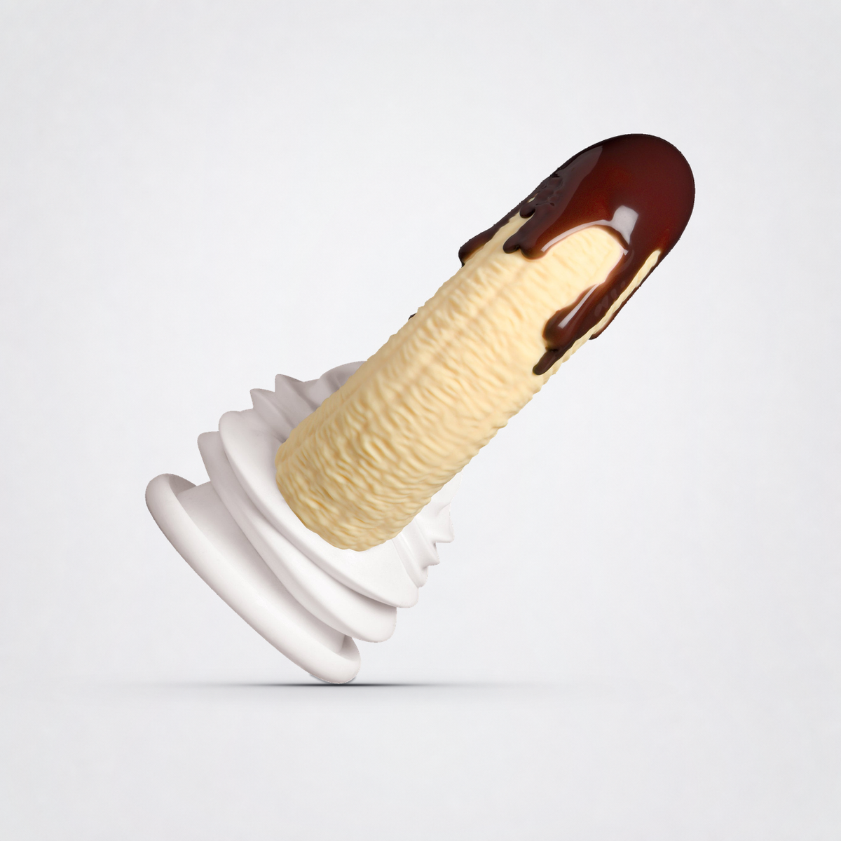 Chocolate Dipped Banana Split silicone dildo angled view on The Luv Coach neutral studio background