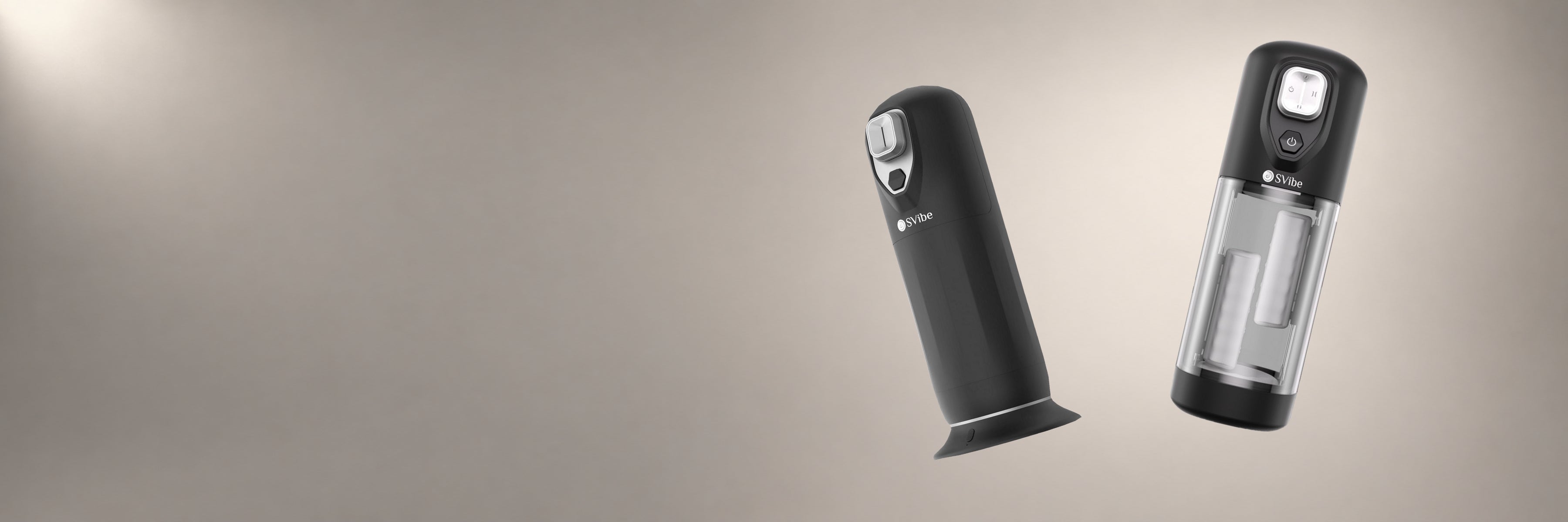 JET and VOLT massagers floating at gentle angles against a seamless warm grey background.