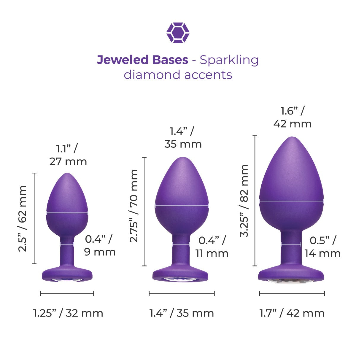 b-Vibe Jeweled Butties Bundle | Purple: Size comparison and dimensions