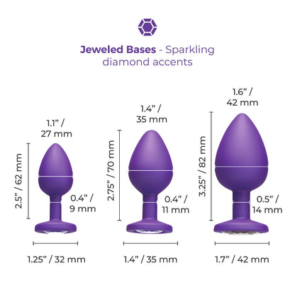 b-Vibe Jeweled Butties Bundle | Purple: Size comparison and dimensions